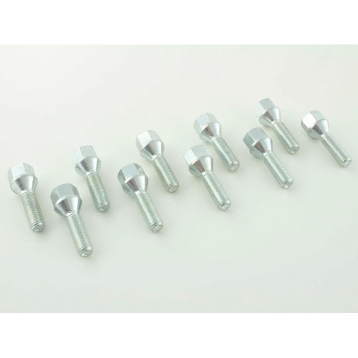 Wheel bolt set 10 pieces tapered collar shaft length 50mm M12x125 silver
