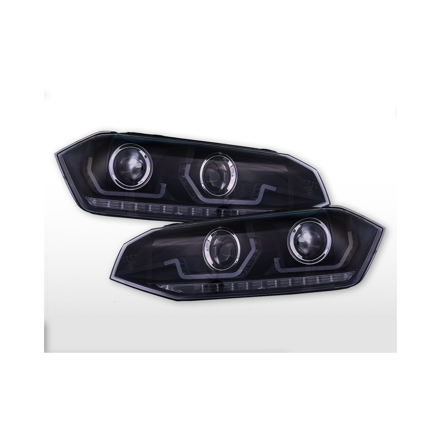 Headlight set LED daytime running lights VW Polo VI type AW year 17 21 black for right hand drive vehicles
