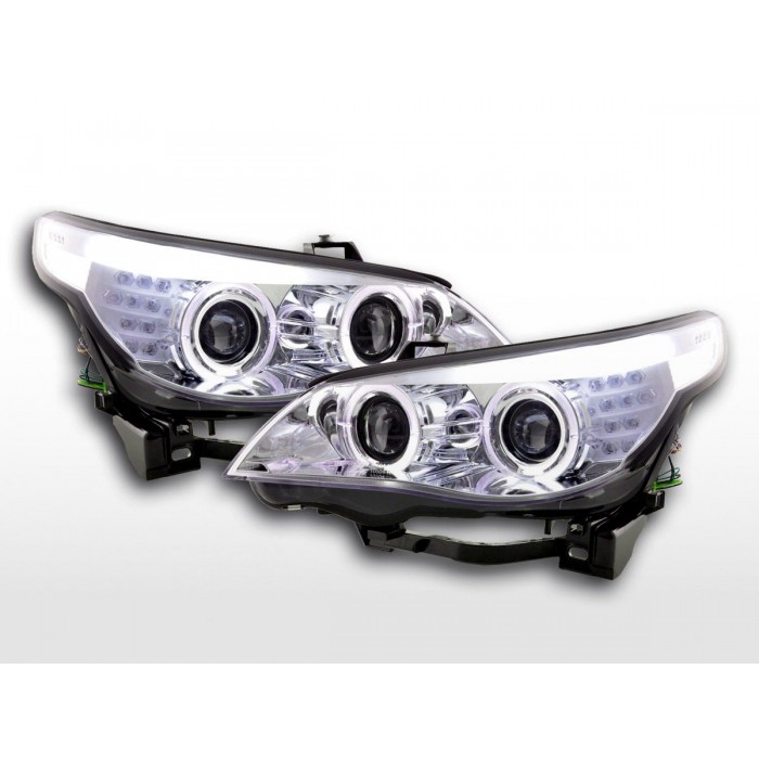 Headlight set xenon angel eyes LED BMW 5 series E60 E61 03 04 chrome for right hand drive