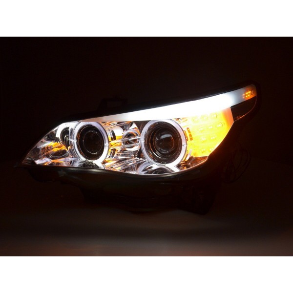 Headlight set xenon angel eyes LED BMW 5 series E60 E61 03 04 chrome for right hand drive