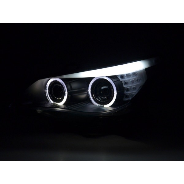 Headlight set Xenon Angel Eyes LED BMW 5 series E60 E61 03 04 black for right hand drive