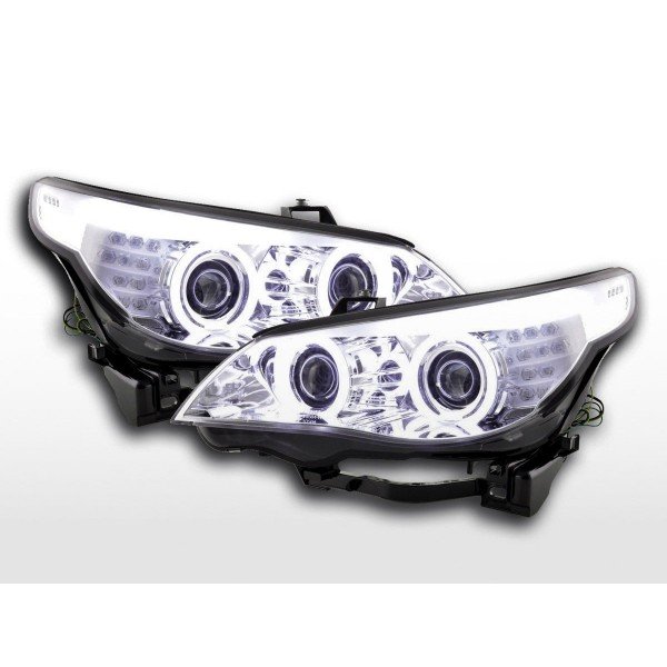 Headlight set xenon angel eyes CCFL BMW 5 series E60 E61 03 04 chrome for right hand drive