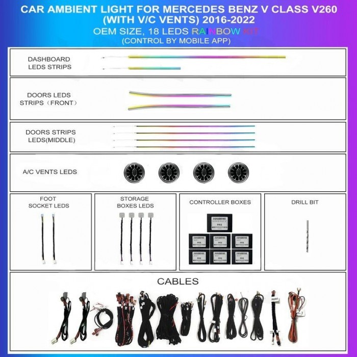 Rainbow Ambient Lighting Kit 18 LEDs for Mercedes V-Class (2016–2022)  TR4470