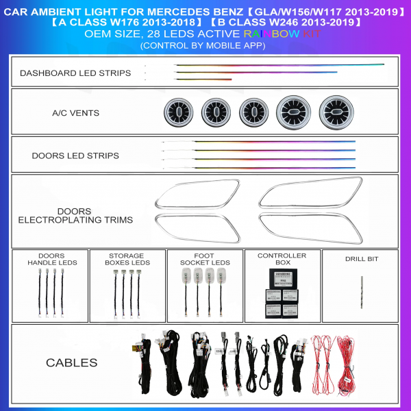 64-Color Ambient Lighting Kit for Mercedes GLA W156, A-Class W176 & B-Class W246 (2013-2019) – TR4465