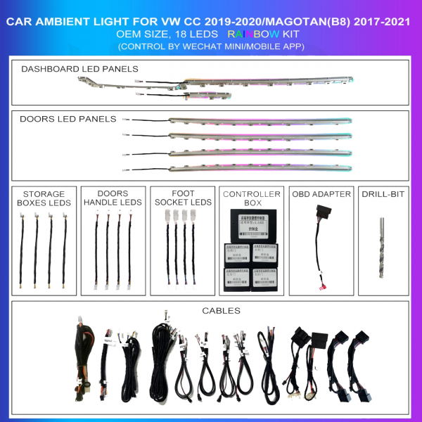 Ambient Lighting Kit VW CC 2019-2020 / Magotan B8 2017-2021 18 LEDs Rainbow OEM | TR4602