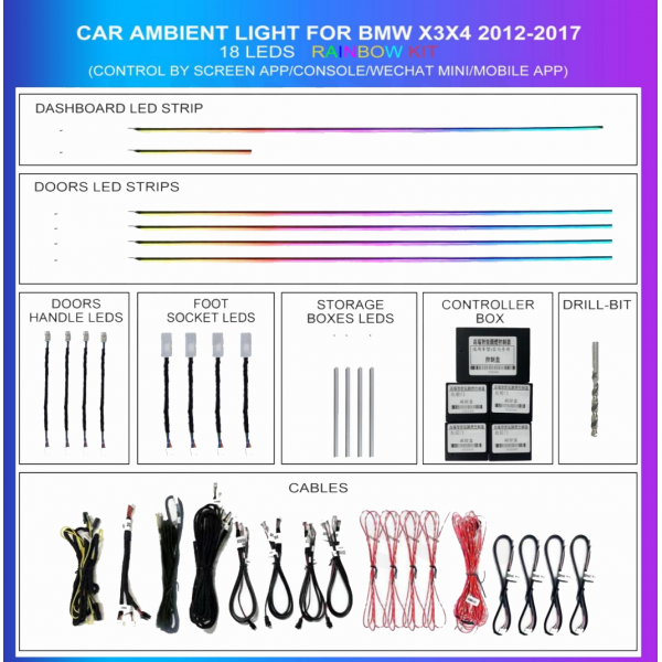 Kit iluminación ambiental BMW X3/X4 F25/F26 2012-2017 18 LED Rainbow TR4617 1