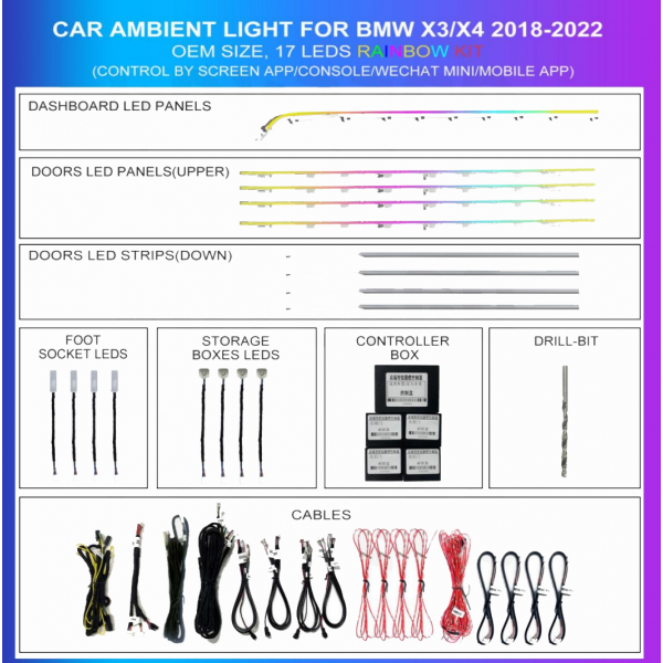 Kit iluminación ambiental BMW X3/X4 G08/G02 2018-2024 17 LED Rainbow OEM TR4619 1