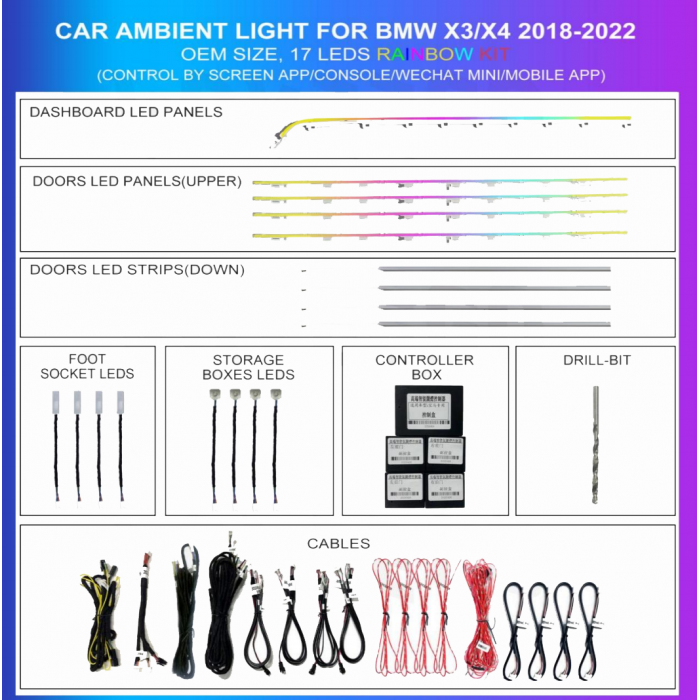 BMW X3/X4 G08/G02 2018-2024 17 LED Rainbow OEM ambient lighting kit TR4619 1