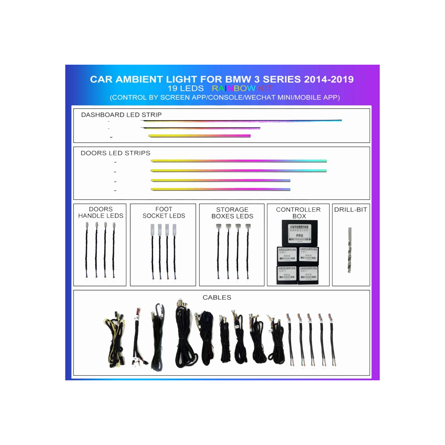 Kit iluminación ambiental BMW Serie 3 F30 / Serie 4 F32 2013-2019 19 LED RGB TR4621 1