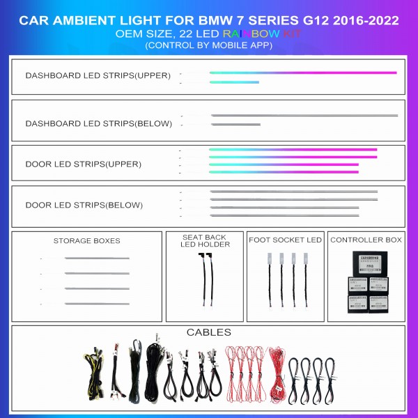 Iluminación ambiental para BMW Serie 7 G12 2016-2022, 22 LEDs RGB, TR4633
