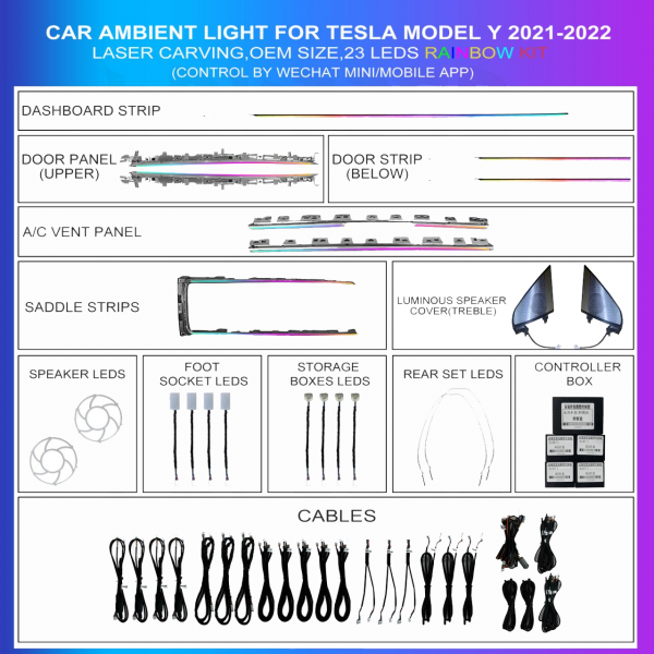 Iluminación ambiental interior para Tesla Model Y 2021-2022, kit completo 23 LEDs Rainbow, instalación específica, TR4640