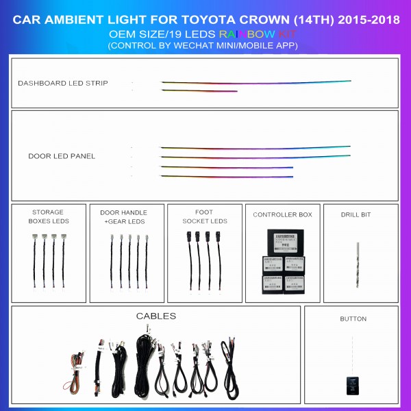 Ambient lighting kit for Toyota Crown 14th generation 2015-2018, OEM rainbow kit, 19 LEDs Rainbow, TR4674
