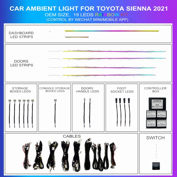 Ambient lighting kit for Toyota Sienna 2021, OEM rainbow kit, 19 LEDs Rainbow, TR4682