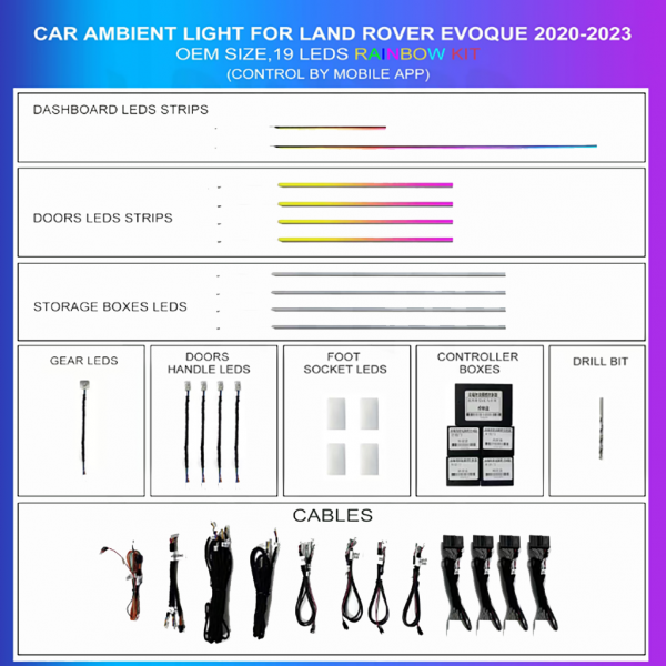 Ambient lighting kit Range Rover Evoque 2020-2023 Rainbow 19 LEDs RGB LED interior TR4685