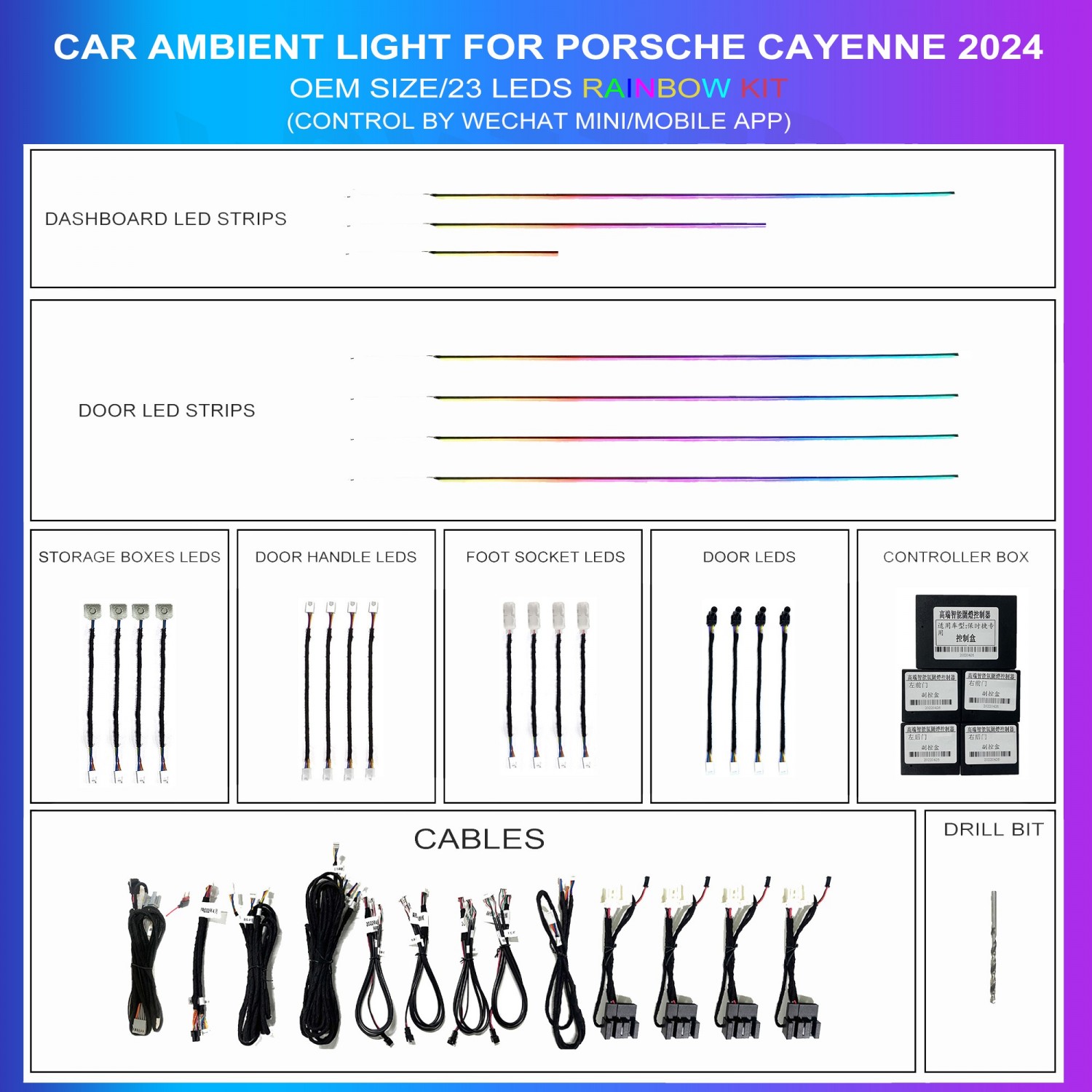 Kit iluminación ambiental Porsche Cayenne 2024 Rainbow 23 LEDs RGB LED interior TR4701