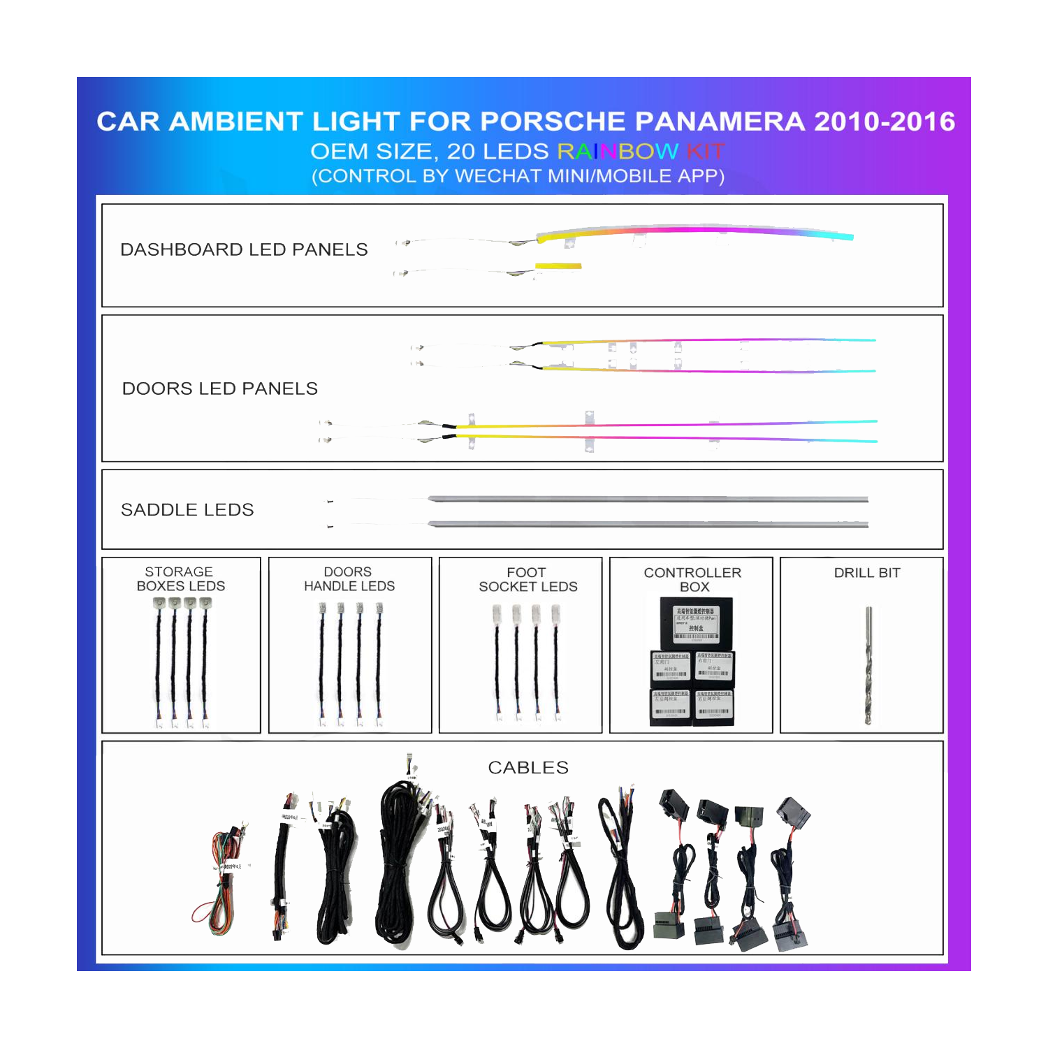 Ambient lighting kit Porsche Panamera 2010-2016 Rainbow 20 LEDs RGB LED interior TR4702