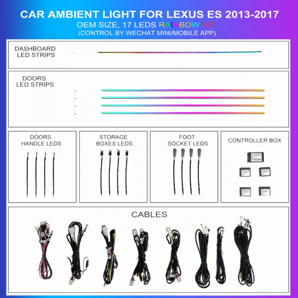 Kit iluminación ambiental Lexus ES 2013-2017 Rainbow 17 LEDs RGB LED interior TR4711