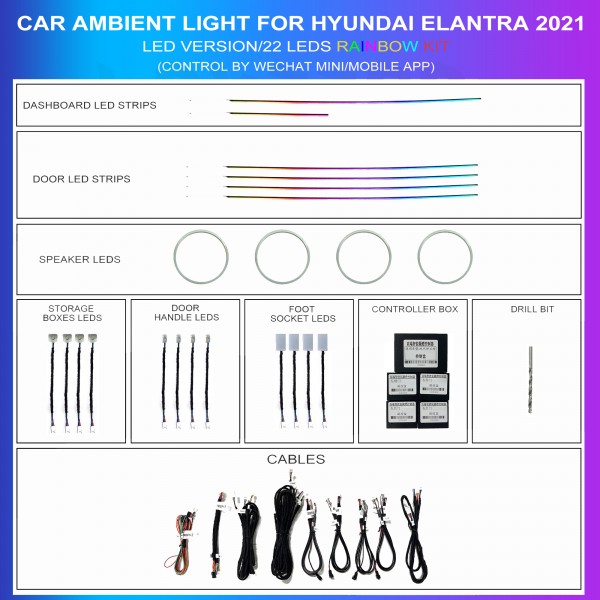Kit iluminación ambiental Hyundai Elantra 2020-2023 Rainbow 22 LEDs RGB LED interior TR4719