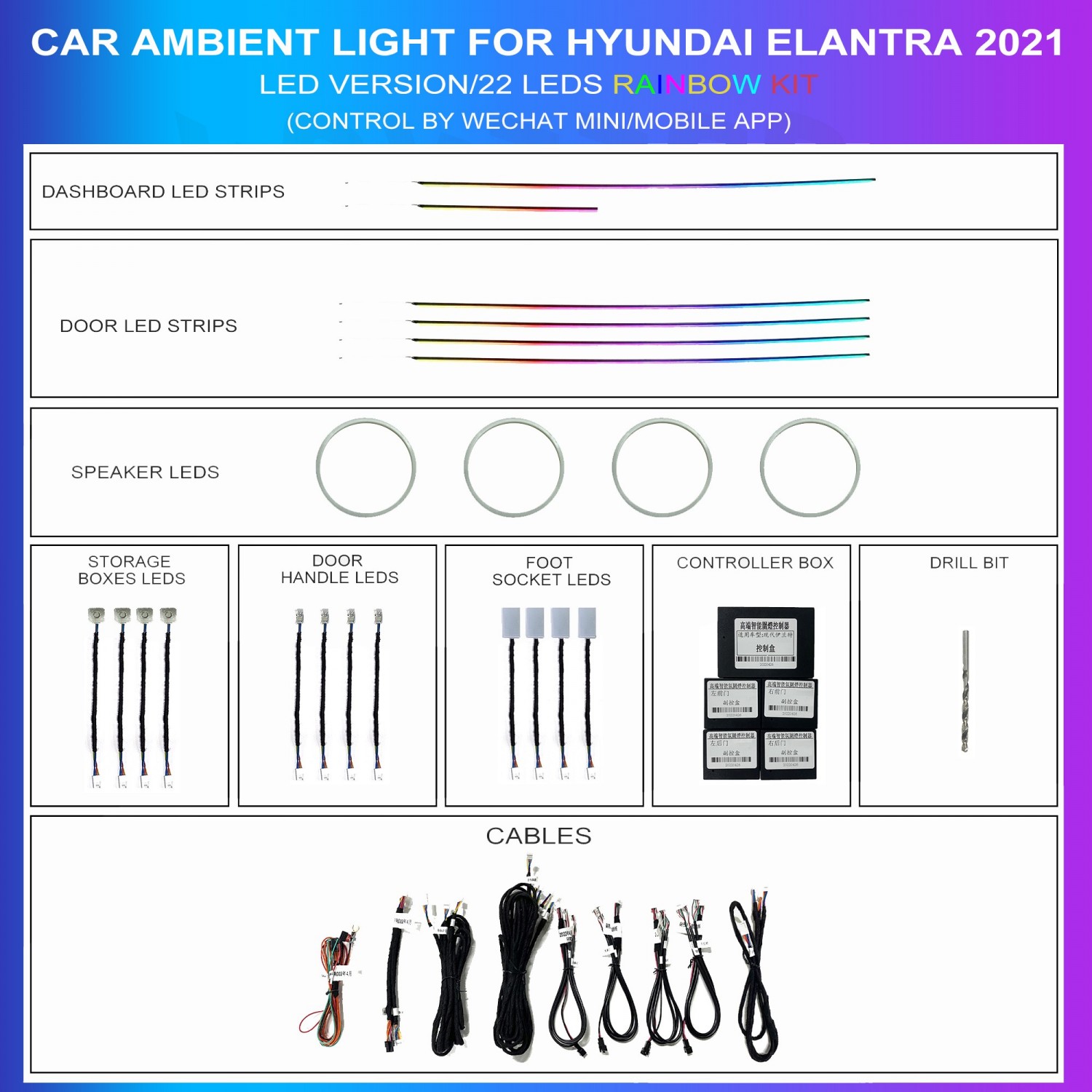Ambient lighting kit Hyundai Elantra 2020-2023 Rainbow 22 LEDs RGB LED interior TR4719