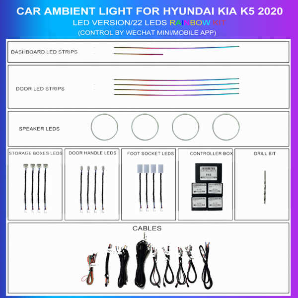 Kit iluminación ambiental Kia K5 2020-2023 (Optima) Rainbow 22 LEDs RGB LED interior TR4722