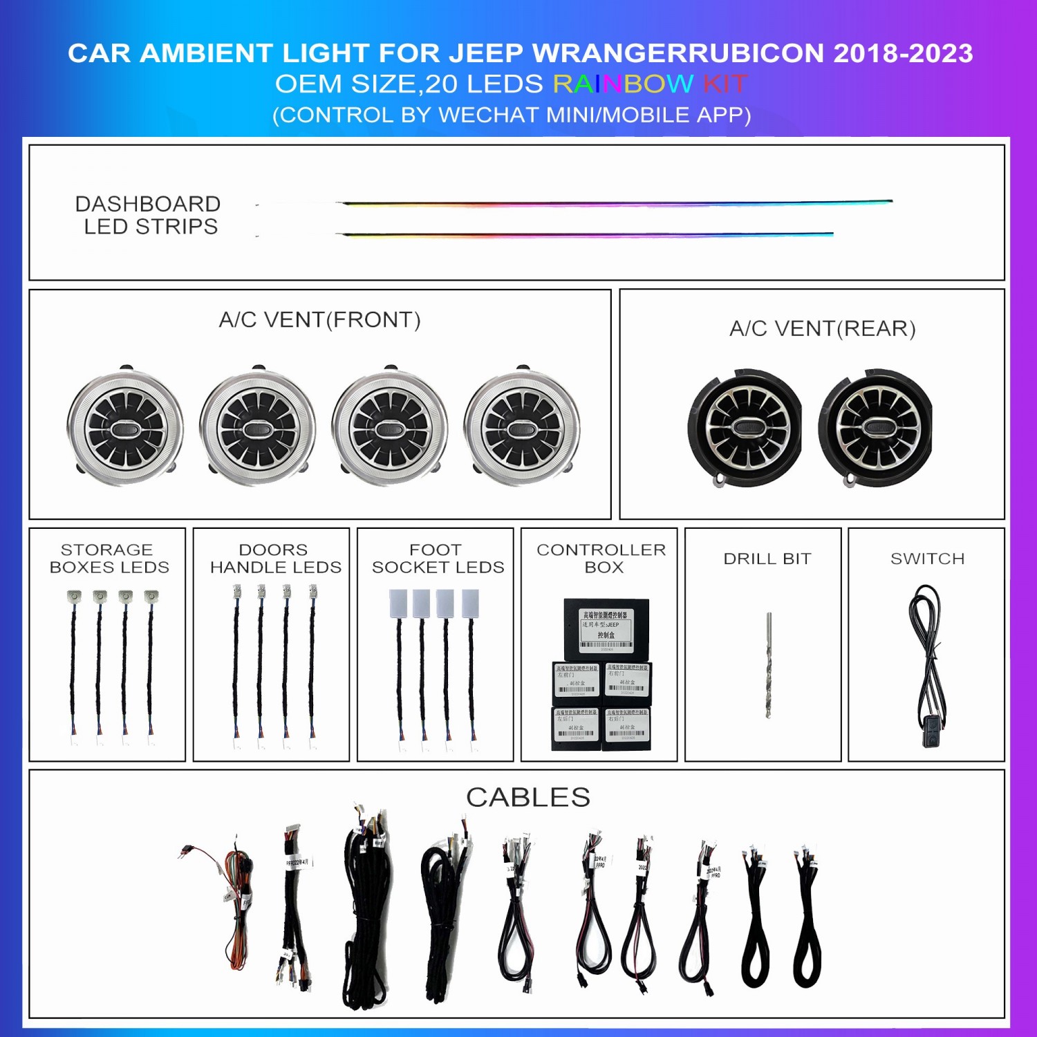 Kit iluminación ambiental Jeep Wrangler Rubicon 2018-2023 20 LED interior TR4731