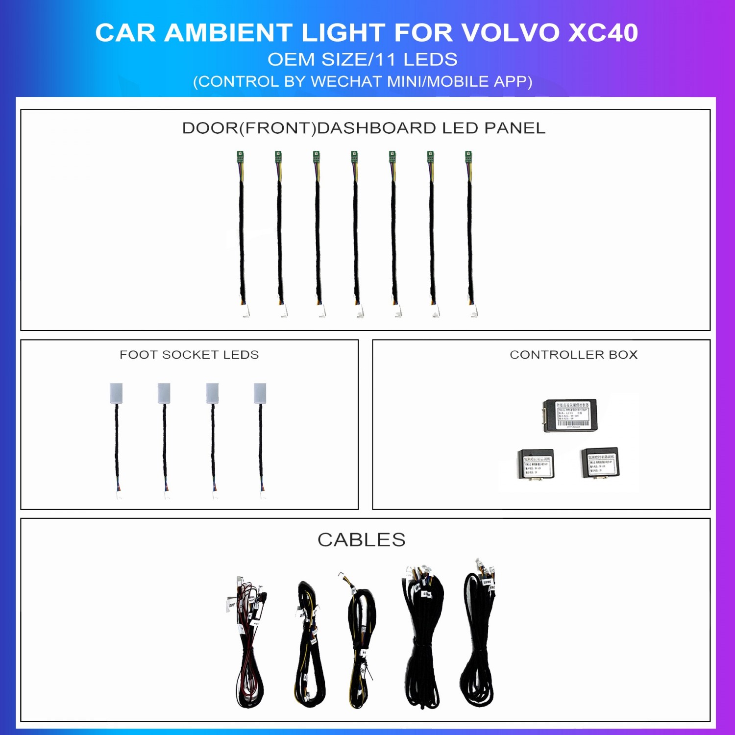Ambient lighting kit for Volvo XC40 2020-2024, 11 multicolor LEDs, TR4734