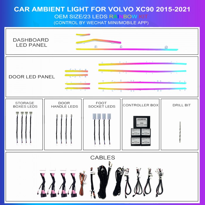 Ambient lighting kit for Volvo XC90 2015-2024, 23 multicolor LEDs, TR4736