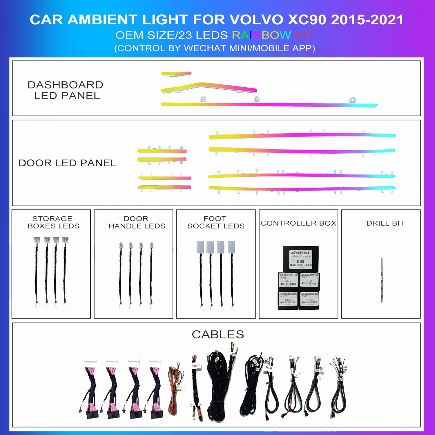 Kit de iluminación ambiental para Volvo XC90 2015-2024, 23 LED multicolor, TR4736