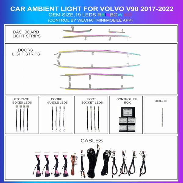 Kit de iluminación ambiental para Volvo S90 / V90 2017-2024, 19 LED multicolor, TR4738