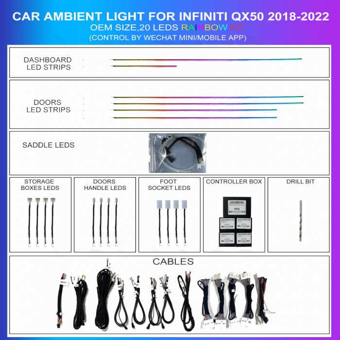 Ambient lighting kit for Infiniti QX50 2018-2024, 20 multicolor LEDs, TR4741
