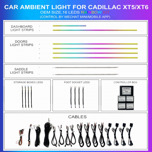 Kit de iluminación ambiental para Cadillac XT5/XT6 2016-2024 Strip, 16 LEDs Rainbow, TR4745