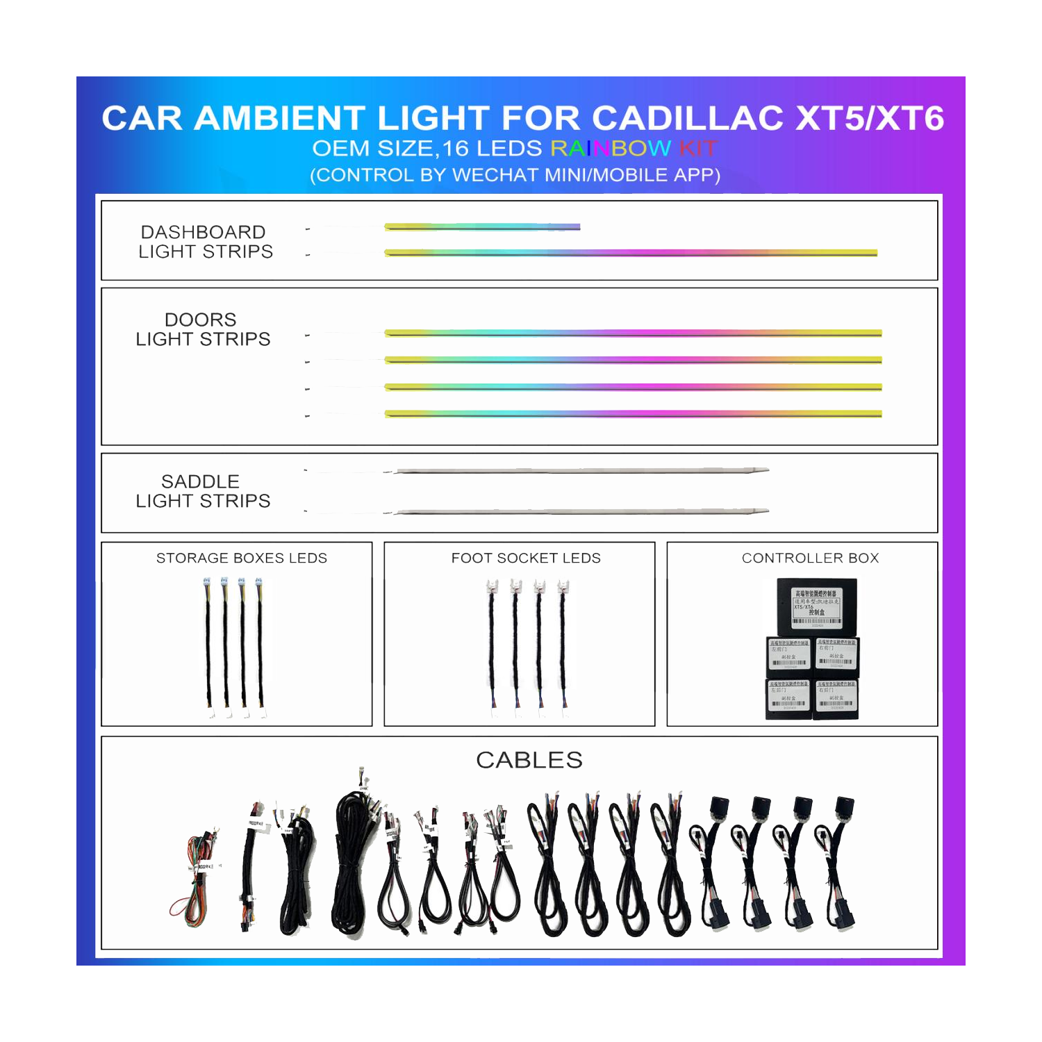 Kit de iluminación ambiental para Cadillac XT5/XT6 2016-2024 Strip, 16 LEDs Rainbow, TR4745