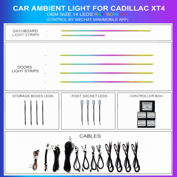 Kit de iluminación ambiental para Cadillac XT4 2018-2023, 14 LEDs Rainbow, TR4747