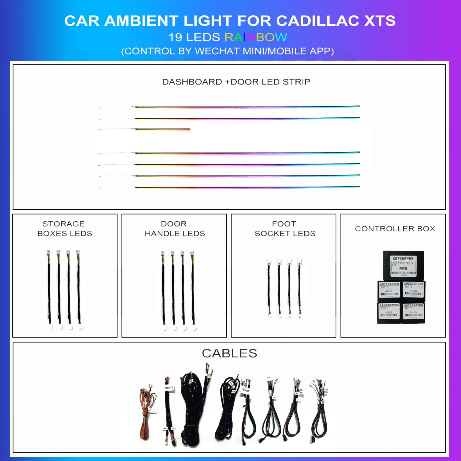 Ambient lighting kit for Cadillac XTS, 19 LEDs Rainbow, TR4748