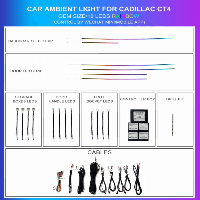 Kit de iluminación ambiental para Cadillac CT4 2020-2023 Strip, 18 LEDs Rainbow, TR4752