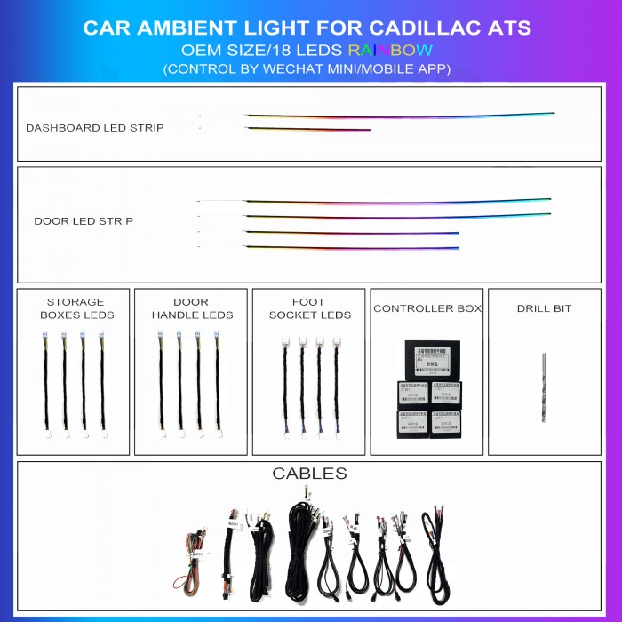 Ambient lighting kit for Cadillac ATS 2014-2017 Strip, 18 LEDs Rainbow, TR4753