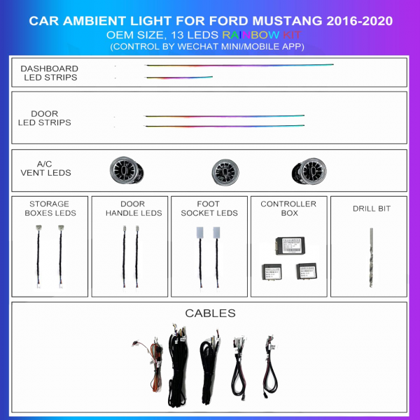 Kit de iluminación ambiental para Ford Mustang 2016-2020, 13 LEDs Rainbow, TR4756