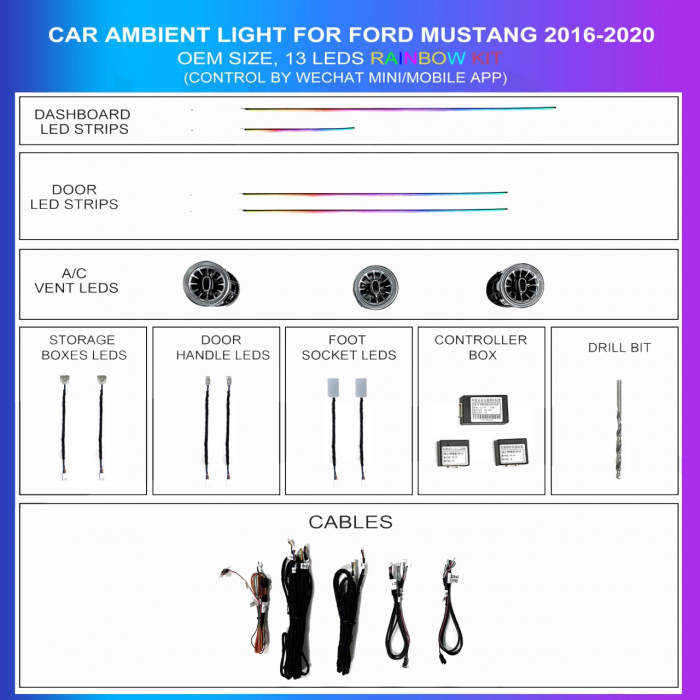 Kit de iluminación ambiental para Ford Mustang 2016-2020, 13 LEDs Rainbow, TR4756
