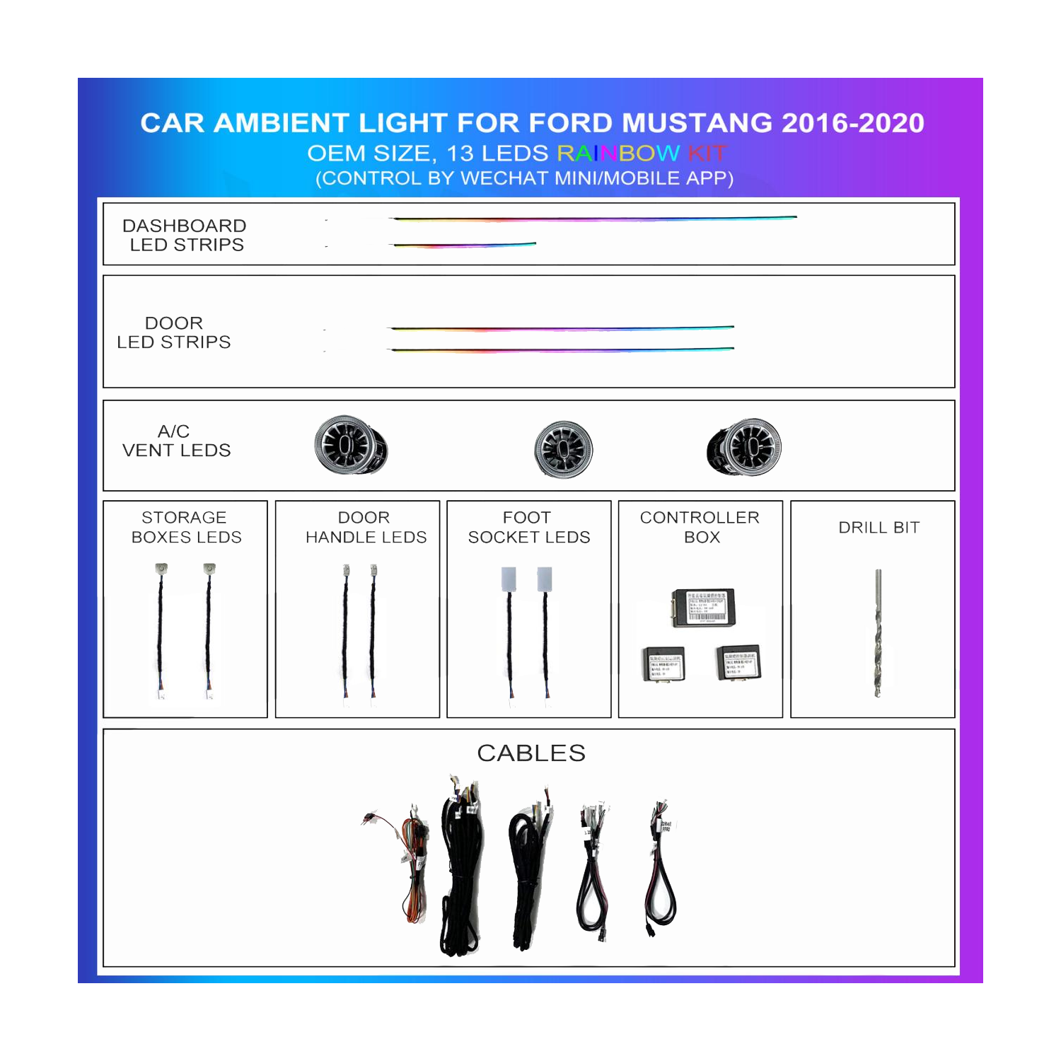 Kit de iluminación ambiental para Ford Mustang 2016-2020, 13 LEDs Rainbow, TR4756