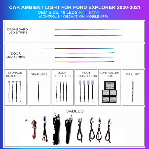 Kit de iluminación ambiental para Ford Explorer 2020-2021, 19 LEDs Rainbow, TR4757