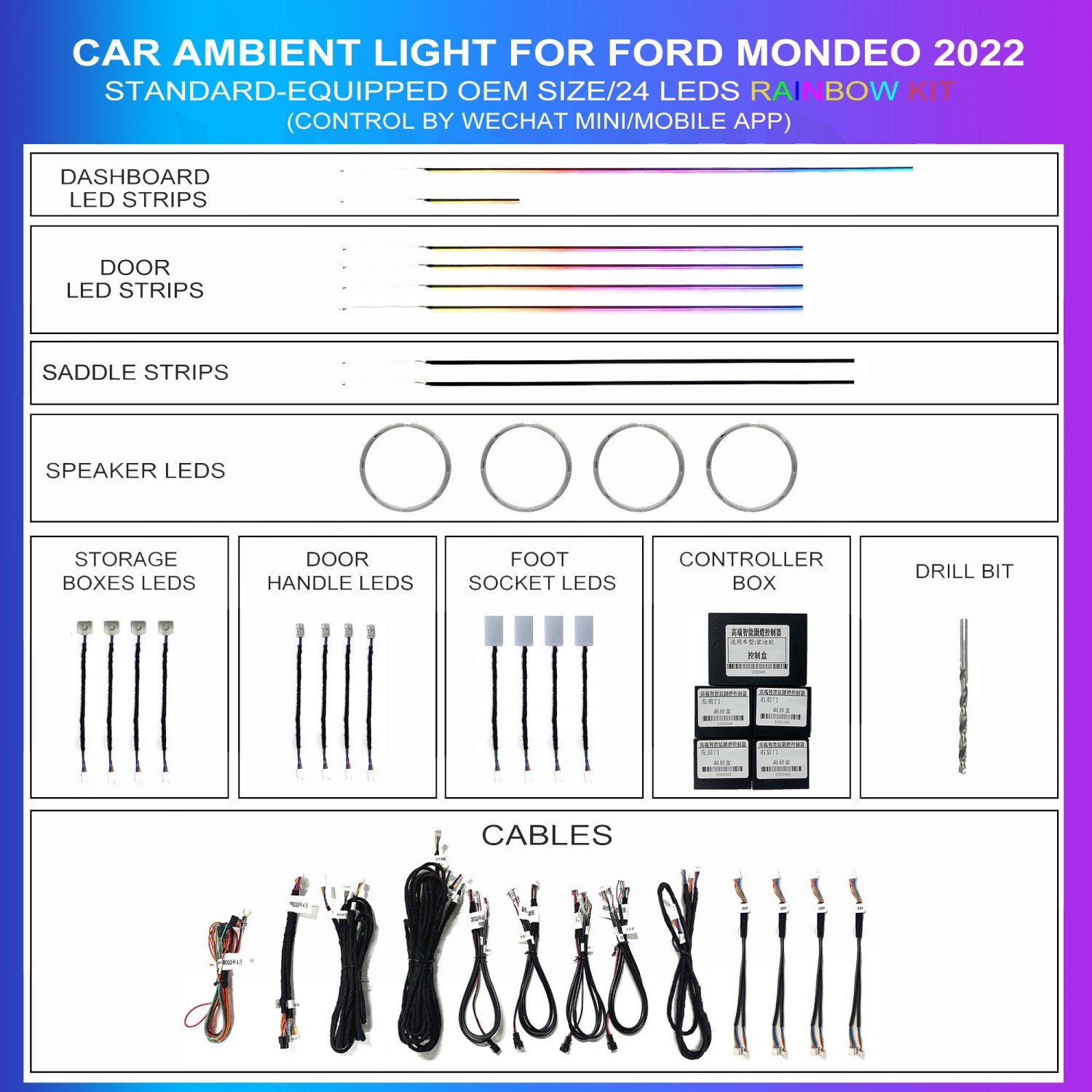 Ambient lighting kit for Ford Mondeo 2022 Standard-Equipped, 24 LEDs Rainbow, TR4758