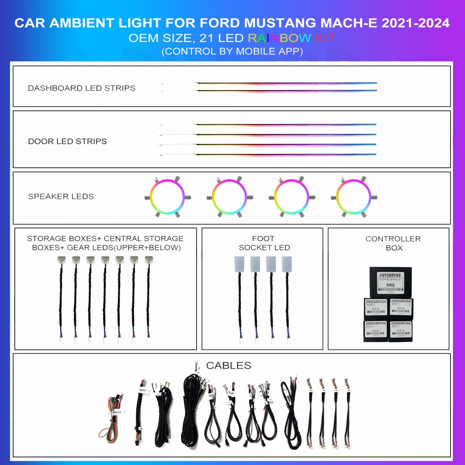 Kit de iluminación ambiental para Ford Mustang Mach-E 2021-2024, 21 LEDs Rainbow, TR4761