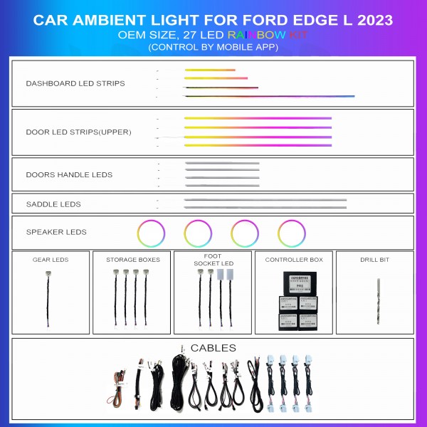Ambient lighting kit for Ford Edge L 2023, 27 LEDs Rainbow, TR4763