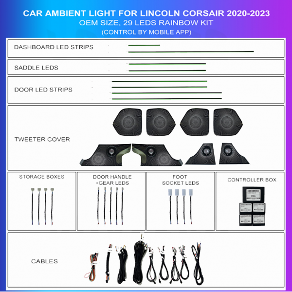 Kit iluminación ambiental Lincoln Corsair 2020-2023 rainbow 29 LEDs RGB LED interior TR4764