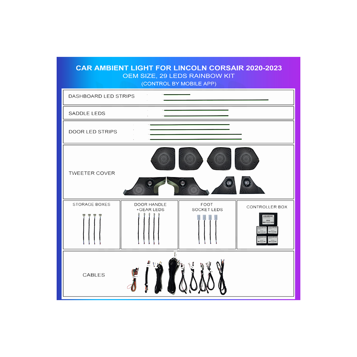 Kit iluminación ambiental Lincoln Corsair 2020-2023 rainbow 29 LEDs RGB LED interior TR4764