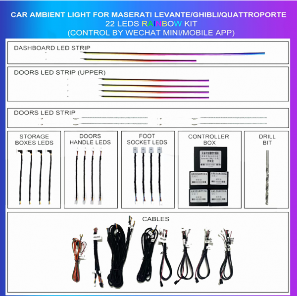 Kit iluminación ambiental Maserati Levante / Ghibli / Quattroporte ribbon 22 LEDs RGB LED interior TR4768