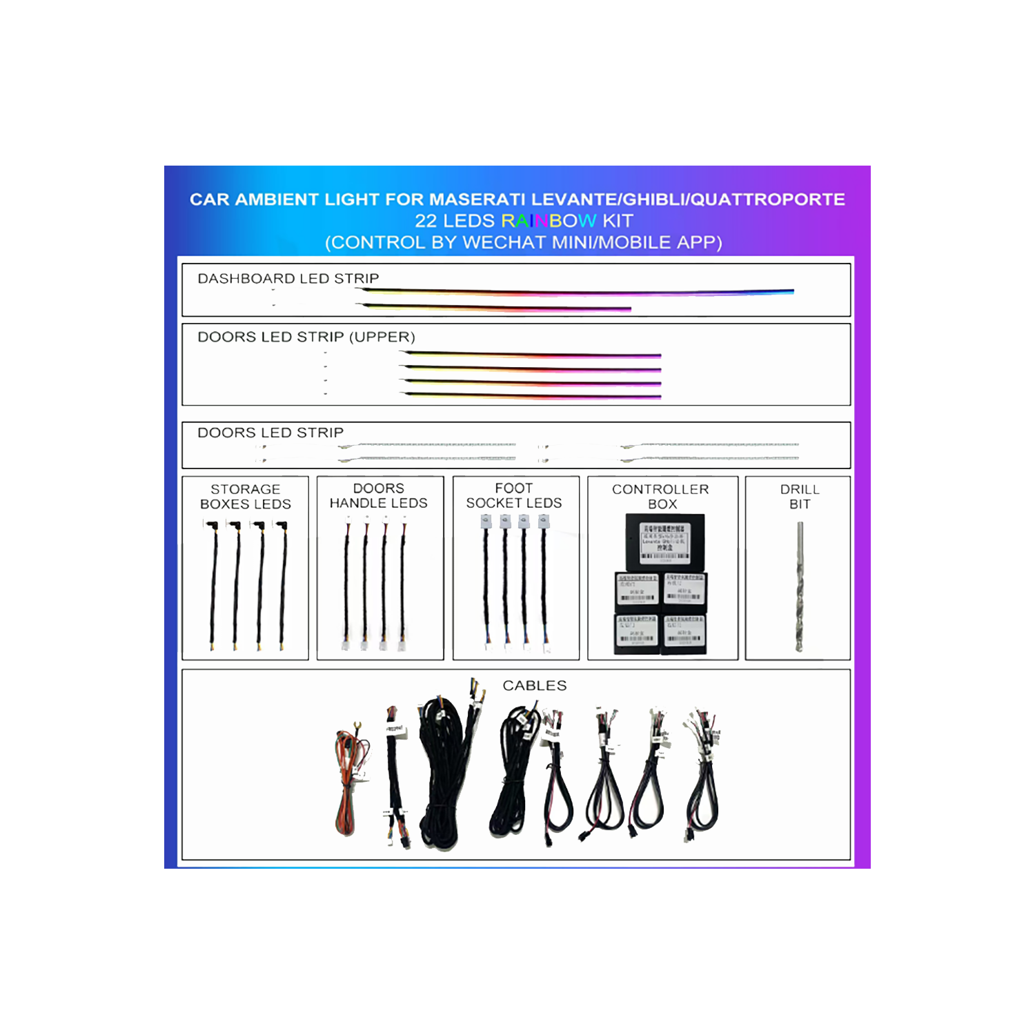 Ambient lighting kit Maserati Levante / Ghibli / Quattroporte ribbon 22 LEDs RGB LED interior TR4768
