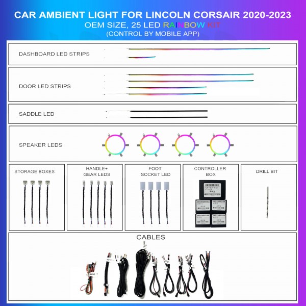 Ambient lighting kit Lincoln Corsair 2020-2023 rainbow 25 LEDs RGB LED interior TR4771