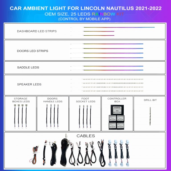 Ambient lighting kit Lincoln Nautilus 2021-2022 rainbow 25 LEDs RGB LED interior TR4772