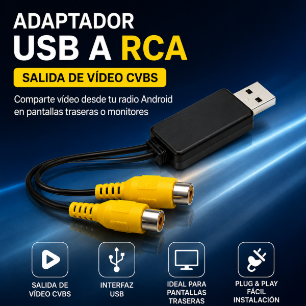 Adaptador USB a RCA CVBS Salida de Vídeo para Radios Android | 2 Salidas RCA | Compatible Pantallas Traseras TR4789
